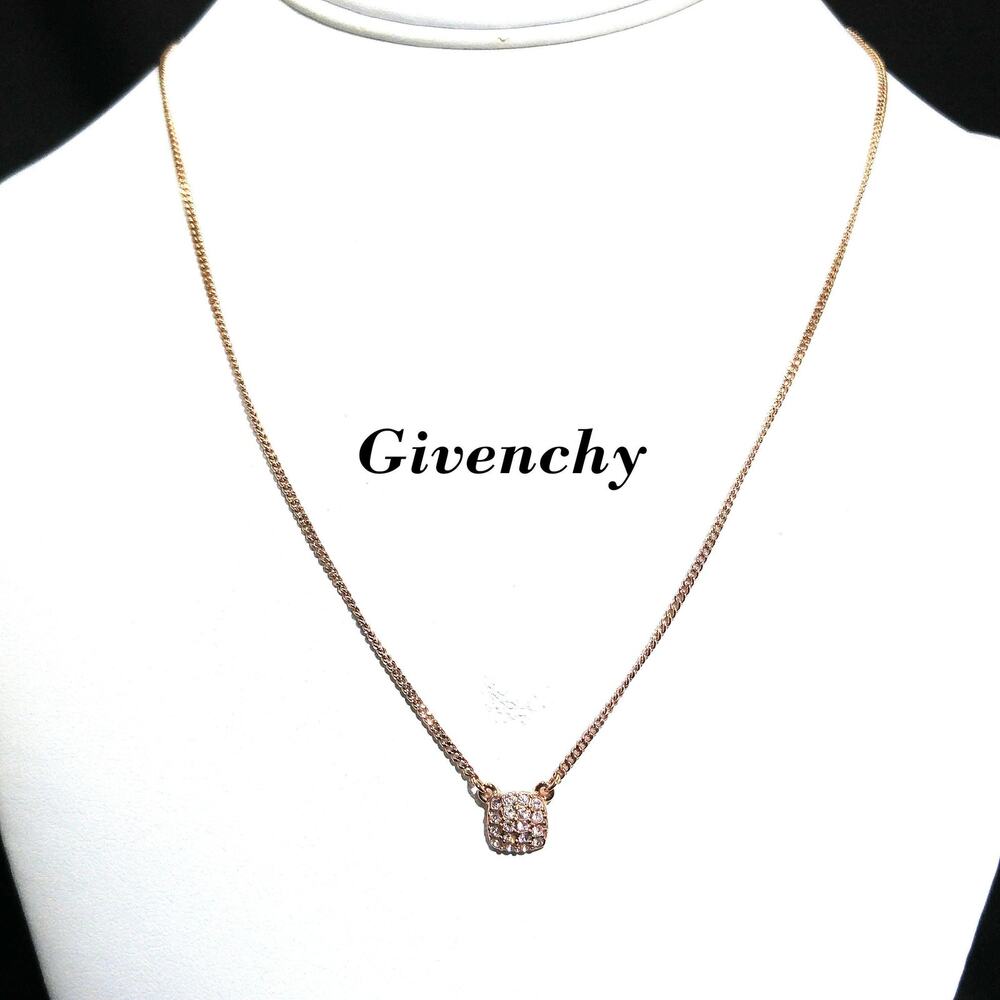 Givenchy Rose Gold Pendant Necklace – Pave Clear Rhinestones – 1990s Vintage